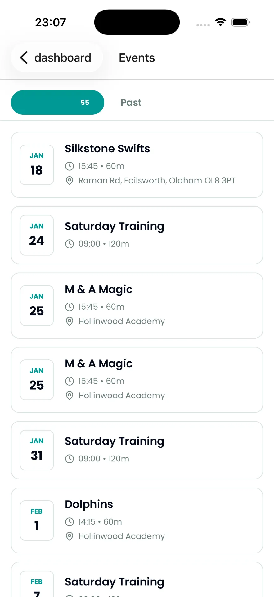 Events list showing upcoming training and matches