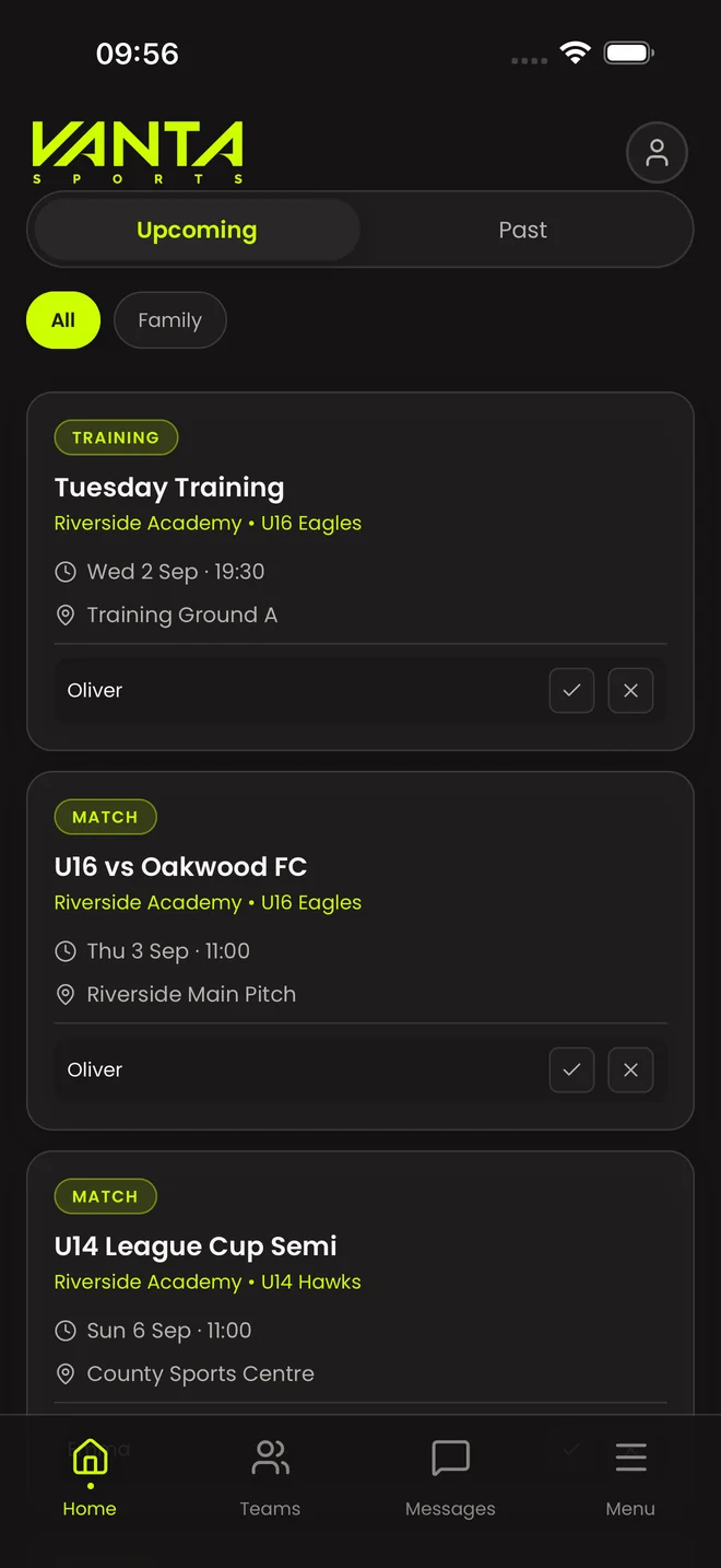 This week's training and matches on the club app