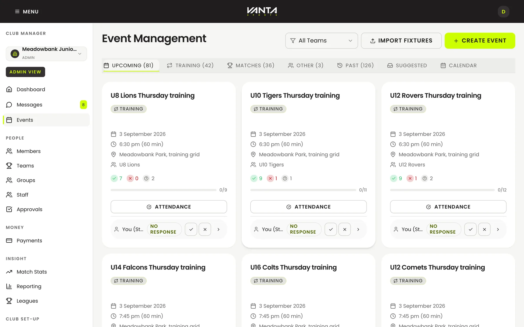 Fixtures and training for the whole club on the web, with who has answered