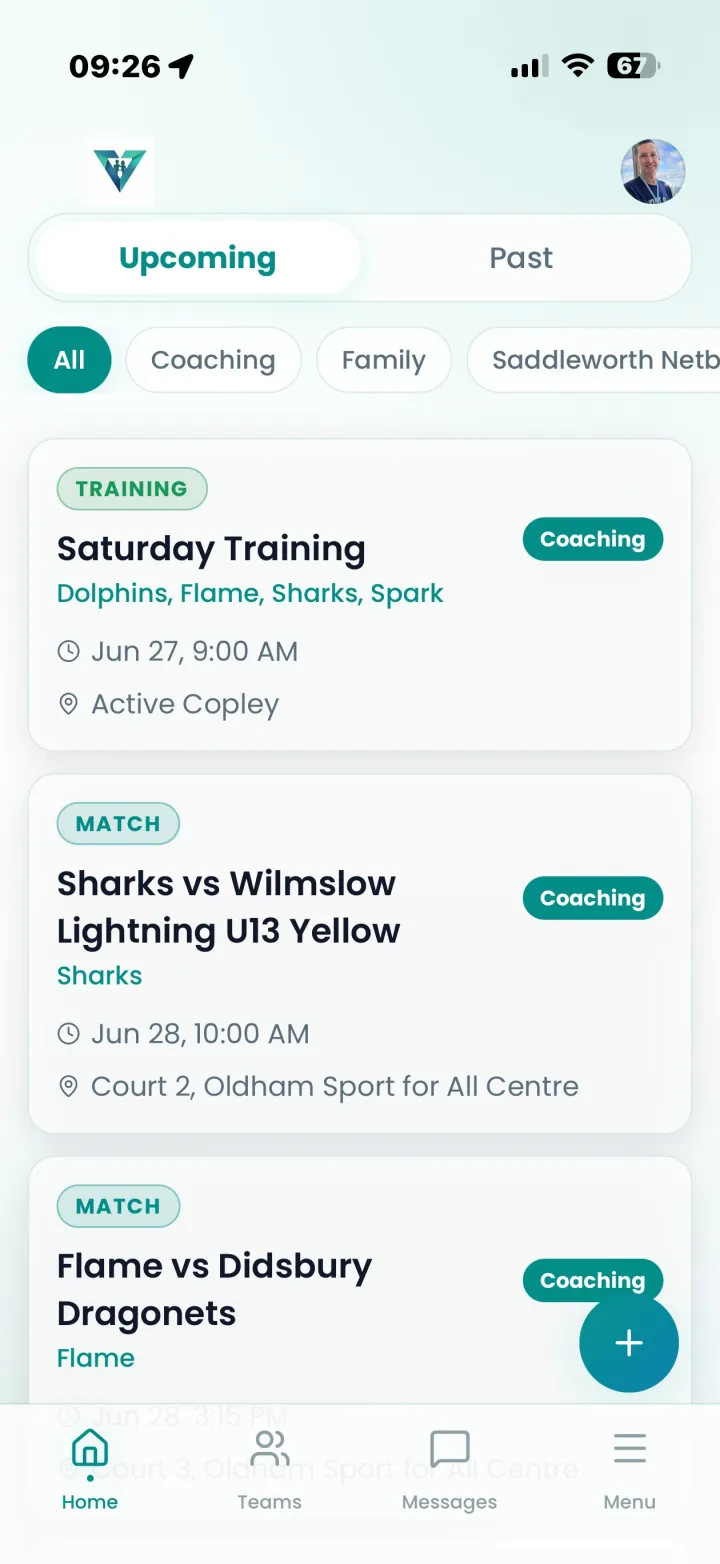 Vanta Club app - upcoming training and matches